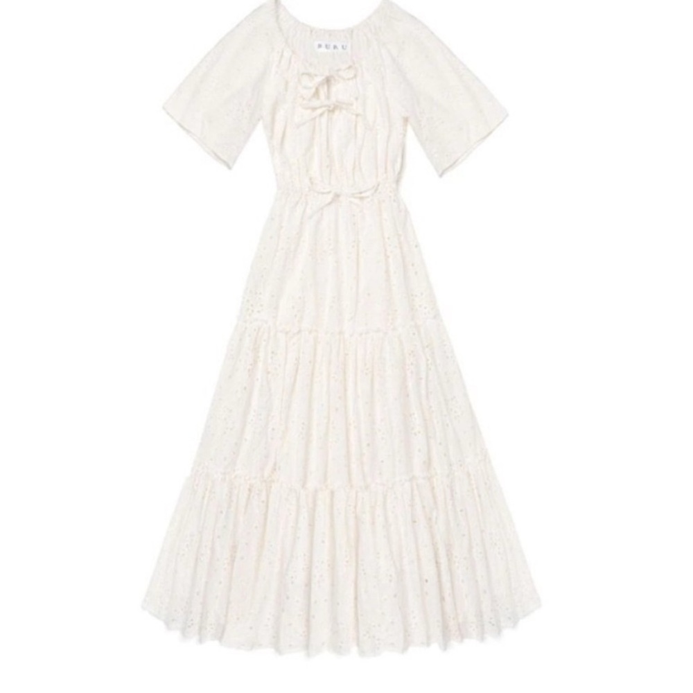 BURU White Eyelet Maxi Dress Tie Front Stretch Waist Size Small